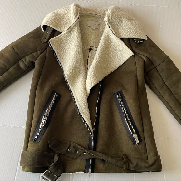 J.O.A. Olive Bomber Jacket withShearling Collar Faux Suede Sherpa Moto Cabincore - Picture 8 of 14